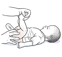 Adult using digital rectal thermometer to take baby's temperature.