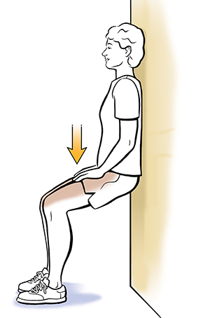 Woman with back against wall and knees bent doing wall slide exercise.